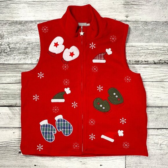 Ugly Christmas Sweater Red Mittens Hats Snowflakes Fleece Vest - Picture 1 of 10